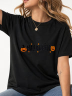 Cute Pumpkin Halloween Letter Graphic T-Shirt - Black Model