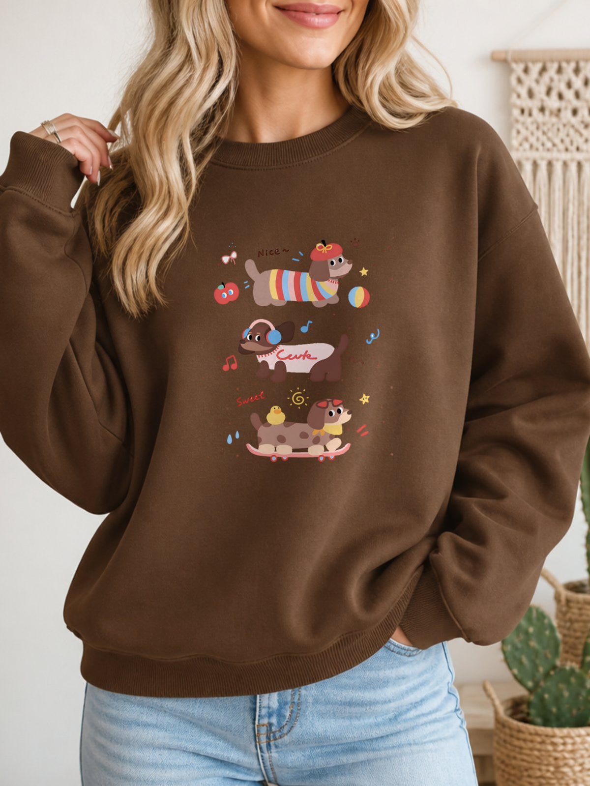 Cute Dachshund Dog Vintage Boho Graphic Sweatshirt - Hanes_Army_Brown Model
