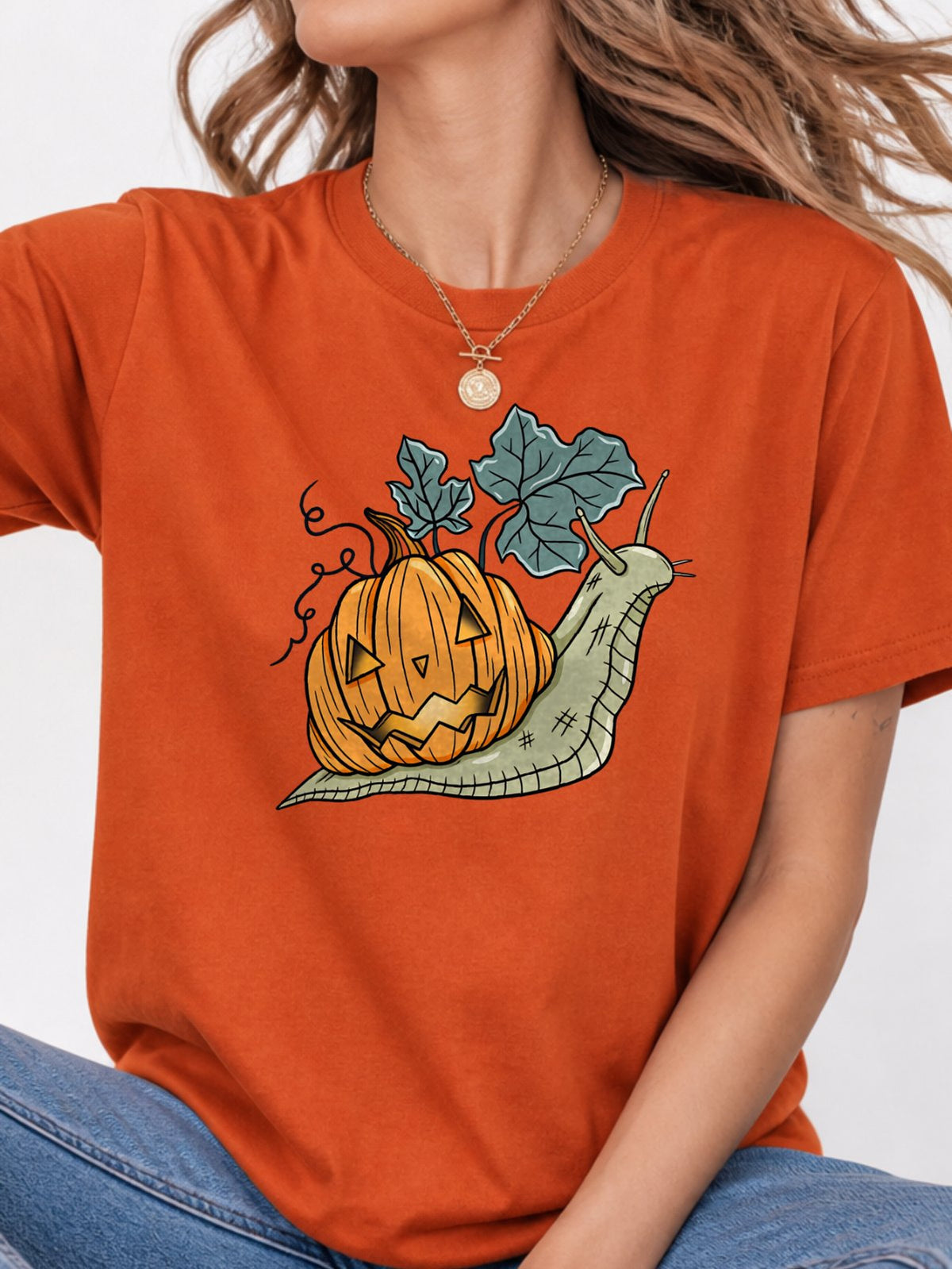 Snail Jack O Lantern Pumpkin Graphic T-Shirt - Texas Orange Model