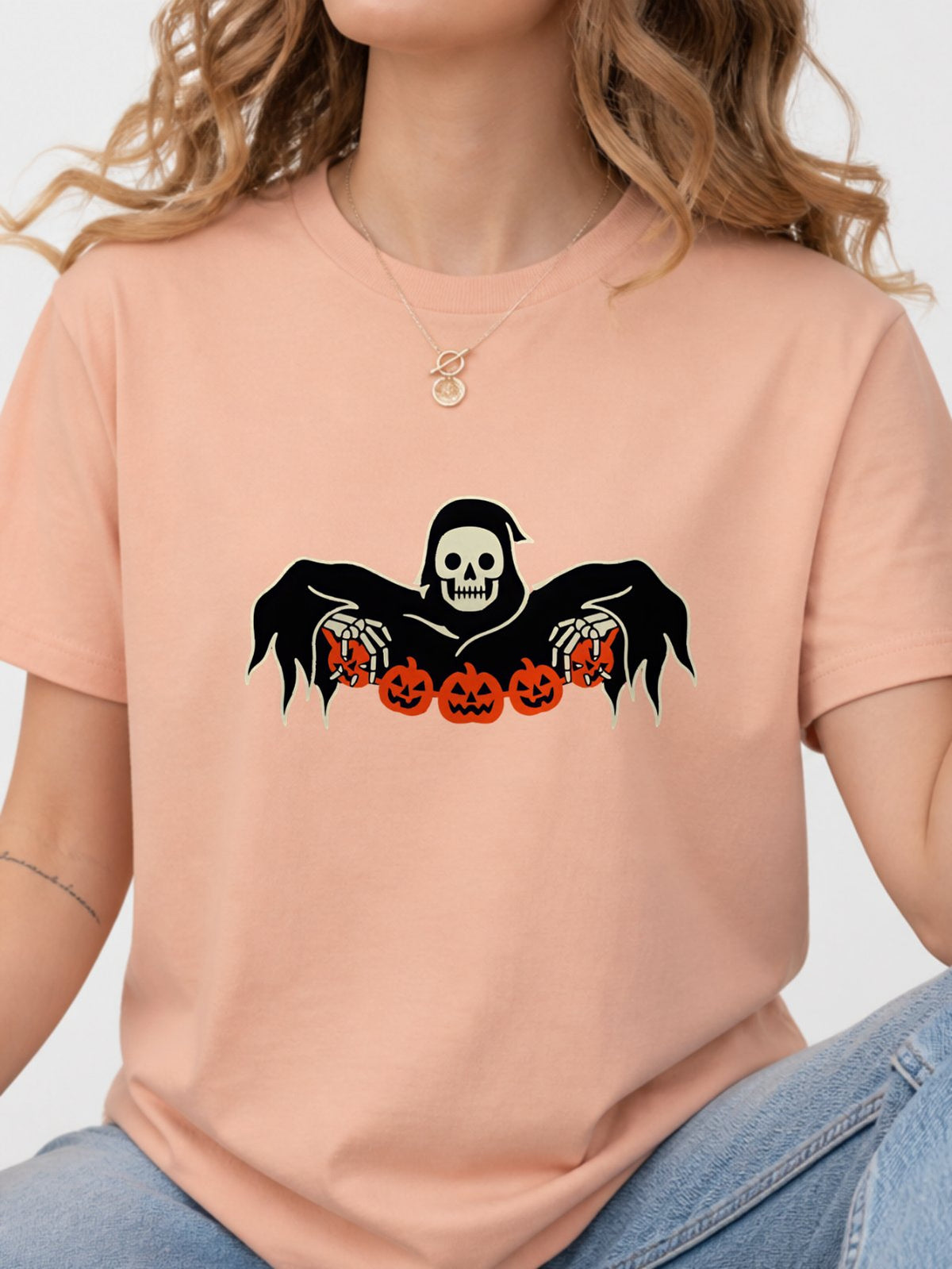 Grim Reaper Skeleton Pumpkin Halloween Tee - Dusty Rose Model