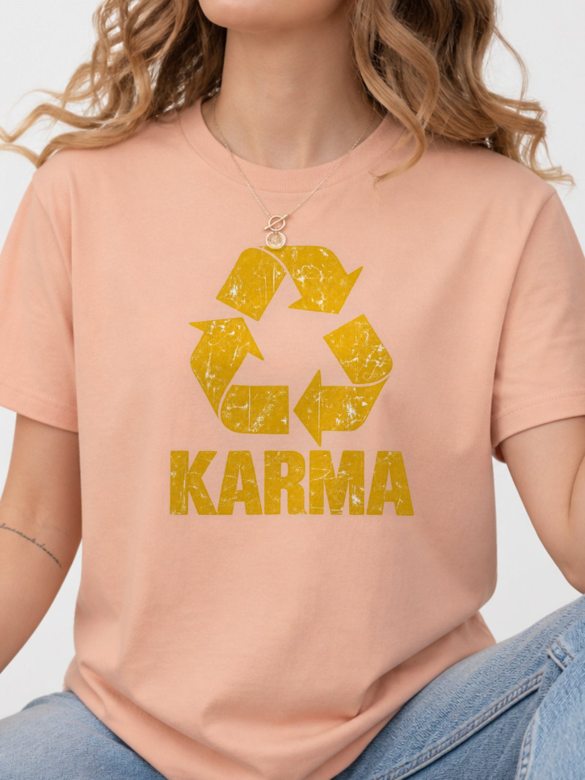Karma Recycle Symbol Distressed Graphic T-Shirt - Dusty Rose Model