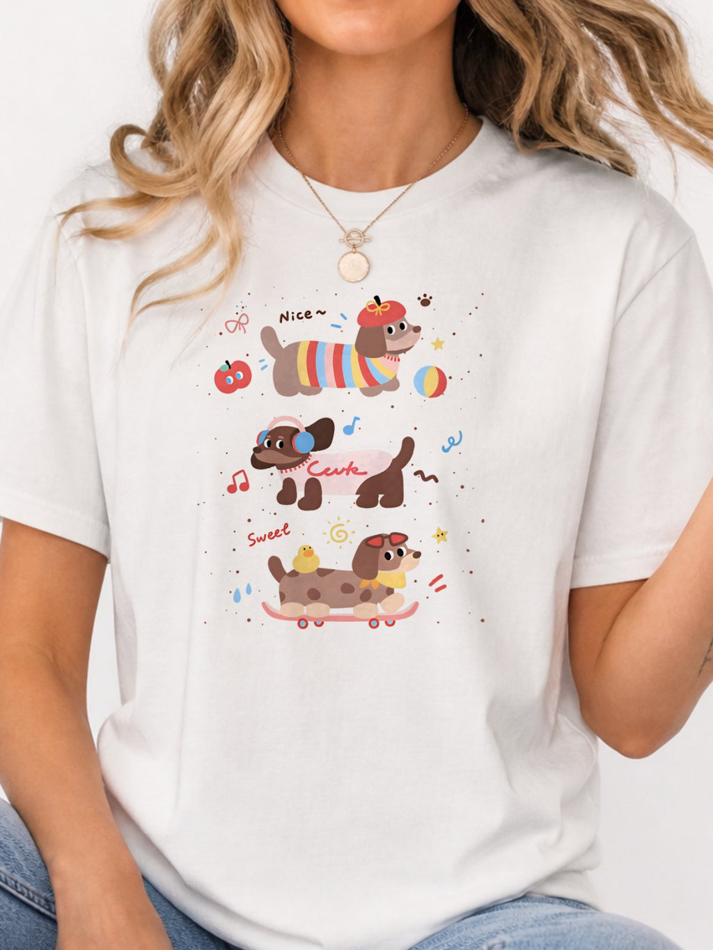 Cute Dachshund Dogs Graphic Tee - White Model