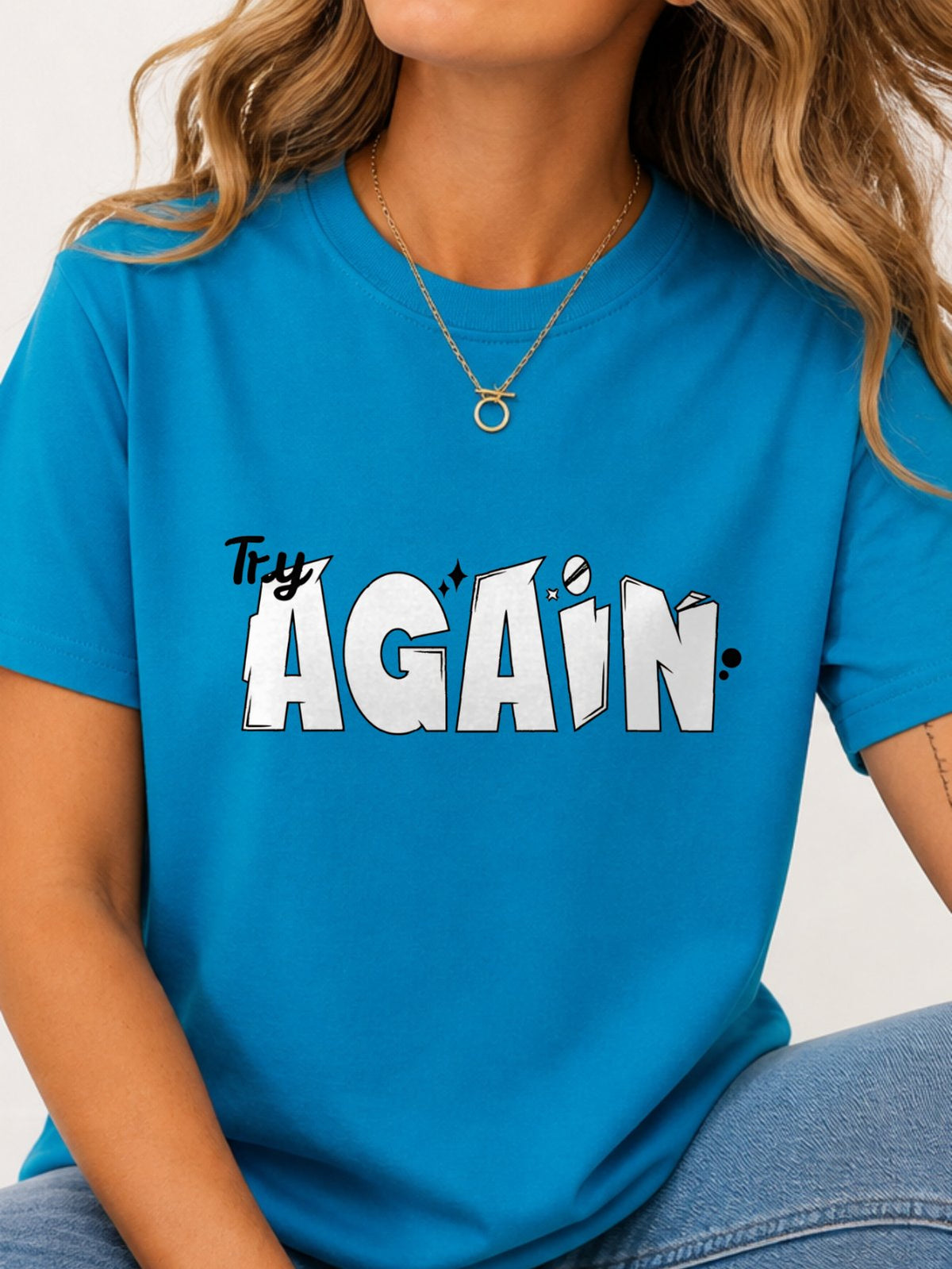 Try Again Cartoon Text Quote Graphic T-Shirt - Sapphire Model