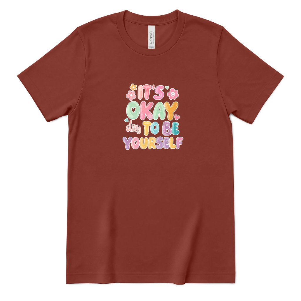 Retro Bubble Letter Positive Tee, Self Acceptance Graphic T‑Shirt, Mental Health Awareness, Be Kind To Yourself Top - Rust Front