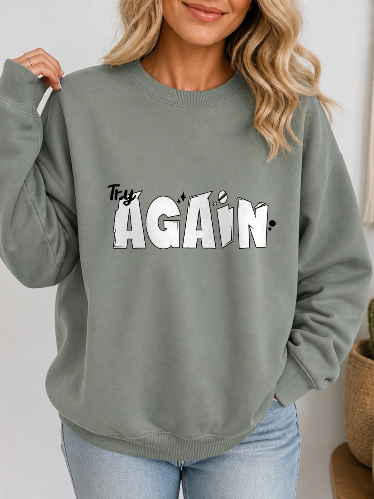 Try Again Vintage Boho Graphic Sweatshirt - Hanes_Stonewashed_Green Model