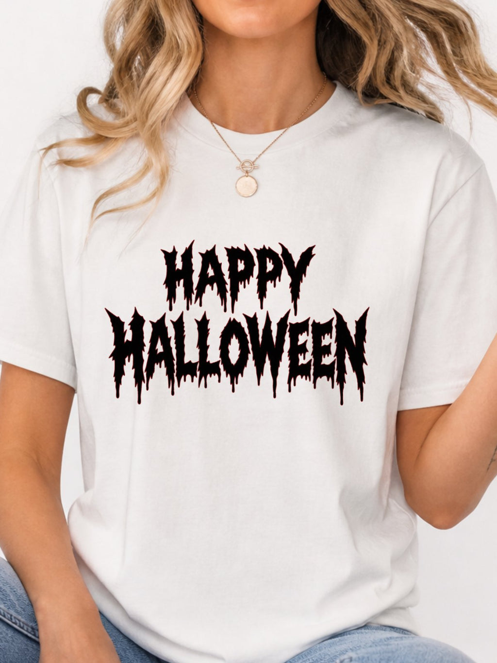 Happy Halloween Metal Text Graphic T-Shirt - White Model