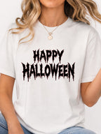 Happy Halloween Metal Text Graphic T-Shirt - White Model