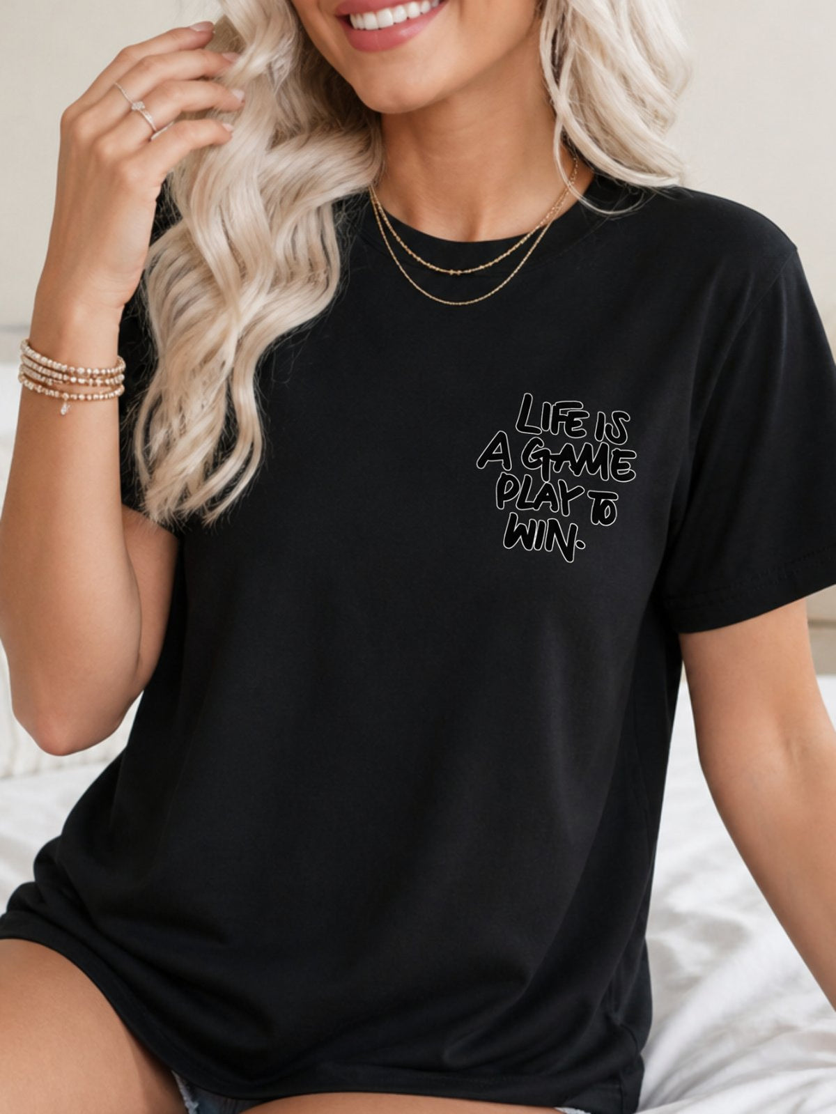 Life Is A Game Play To Win Hand Lettering Graphic T-Shirt - Black Model