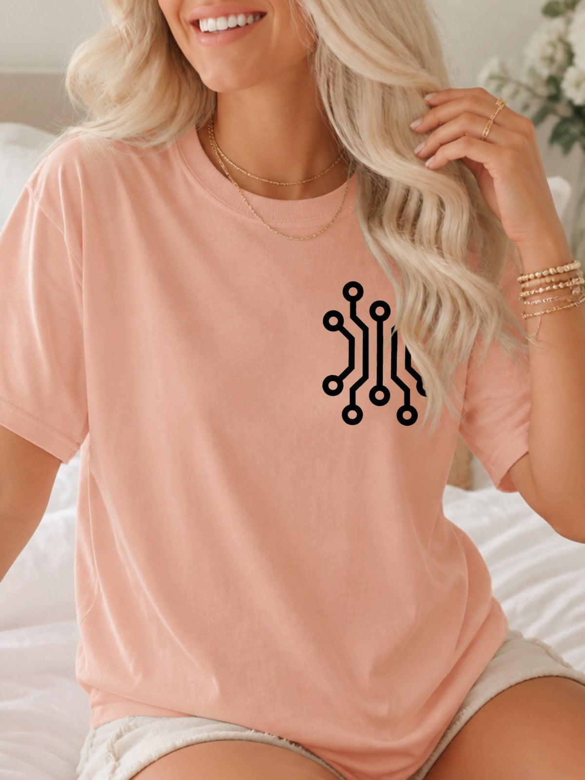 Circuit Board Graphic T-Shirt - Dusty Rose Model