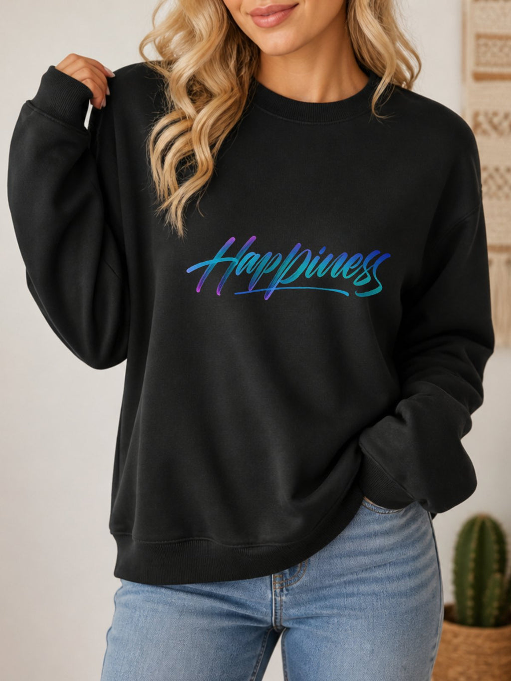 Happiness Vintage Boho Graphic Sweatshirt - Hanes_Black Model