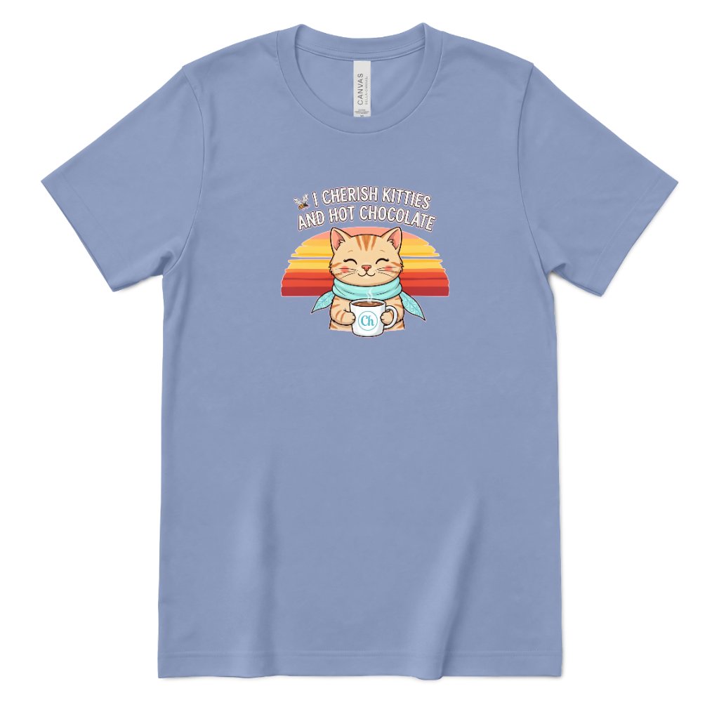 Retro Sunset Cat Tee, Cozy Fall Cat Lover T‑Shirt, Hot Chocolate Graphic Tee, Kitty Owner Gift Top - Lavender Blue Front