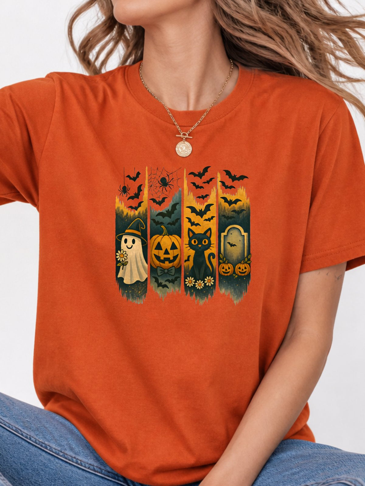 Halloween Ghost Black Cat Pumpkin Bat Graphic T-Shirt - Texas Orange Model
