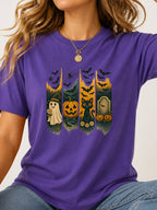 Halloween Ghost Black Cat Pumpkin Bat Graphic T-Shirt - Lilac Model