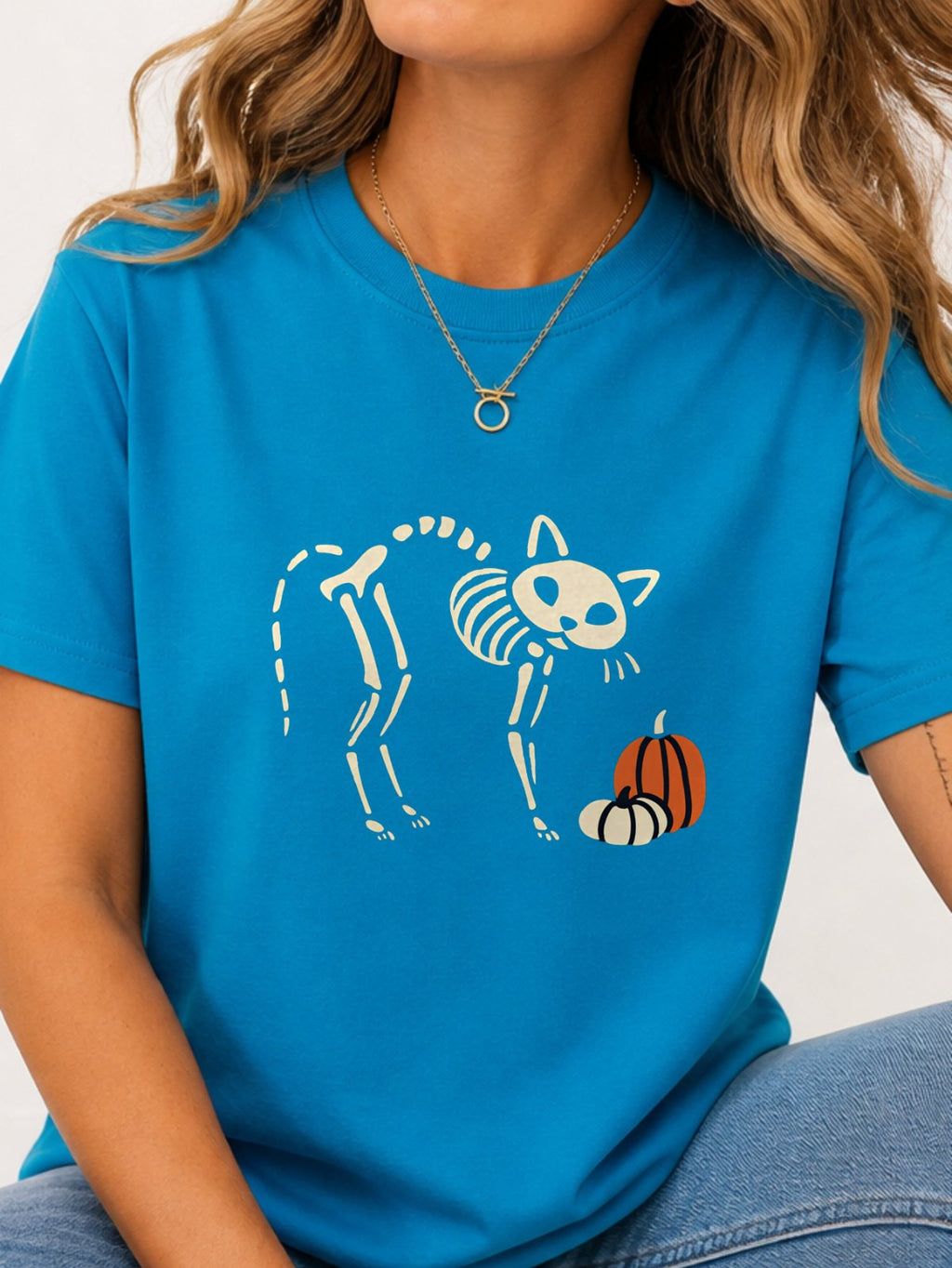 Cat Skeleton Pumpkin Halloween Graphic T-Shirt - Sapphire Model