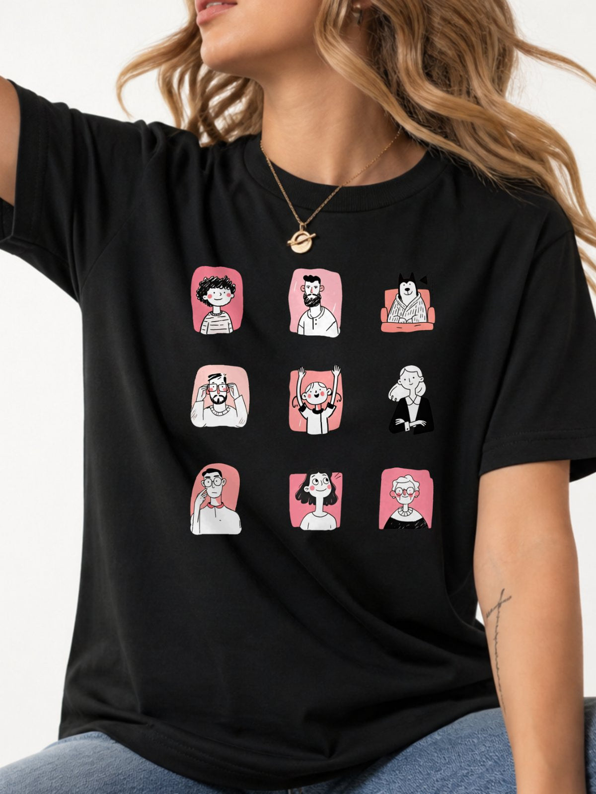 Cute Cartoon People Characters T-Shirt - Black Model