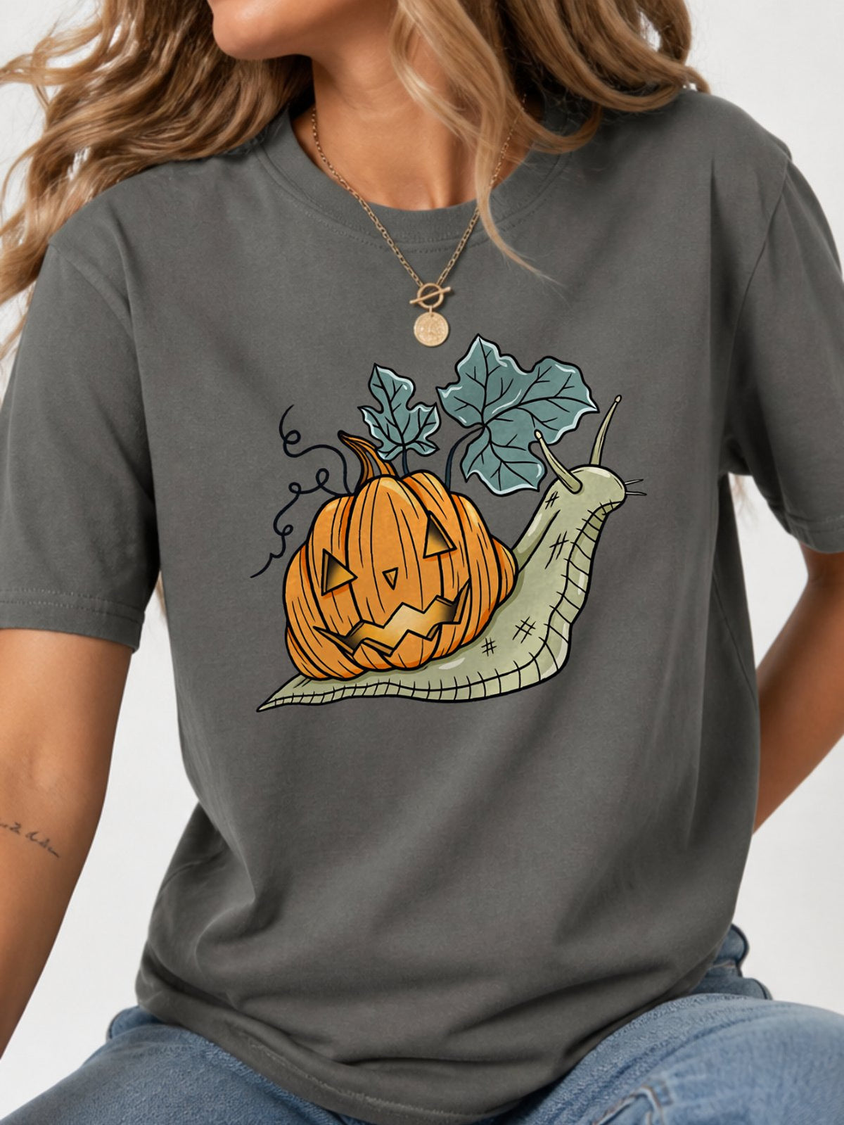 Snail Jack O Lantern Pumpkin Graphic T-Shirt - Charcoal Model