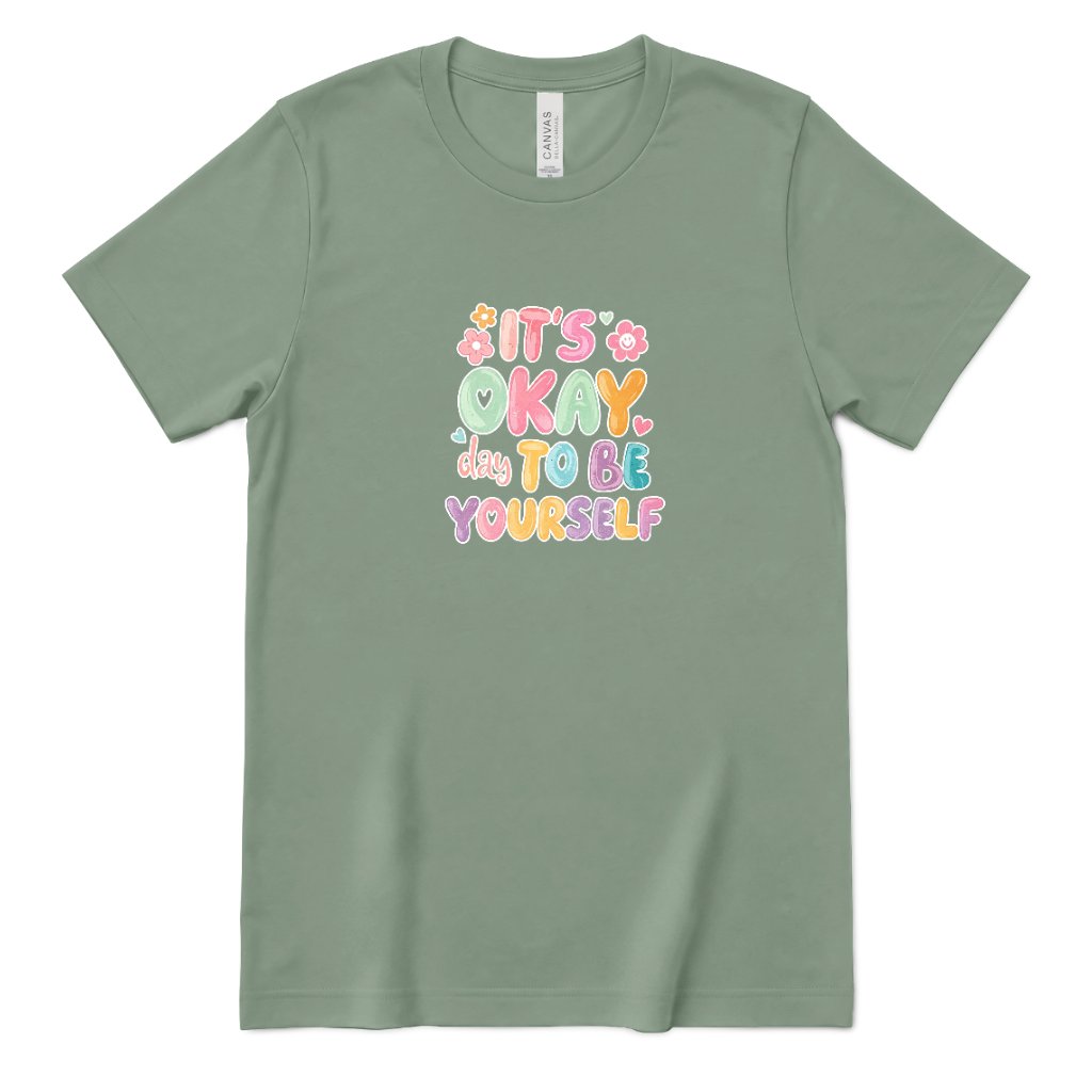 Retro Bubble Letter Positive Tee, Self Acceptance Graphic T‑Shirt, Mental Health Awareness, Be Kind To Yourself Top - Sage Front