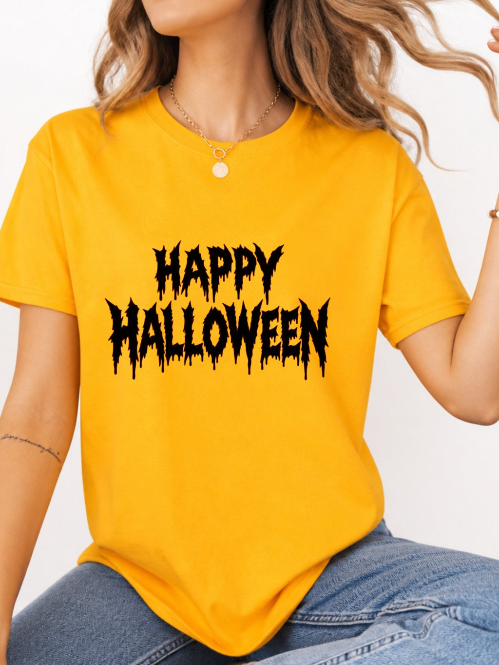 Happy Halloween Metal Text Graphic T-Shirt - Gold Model