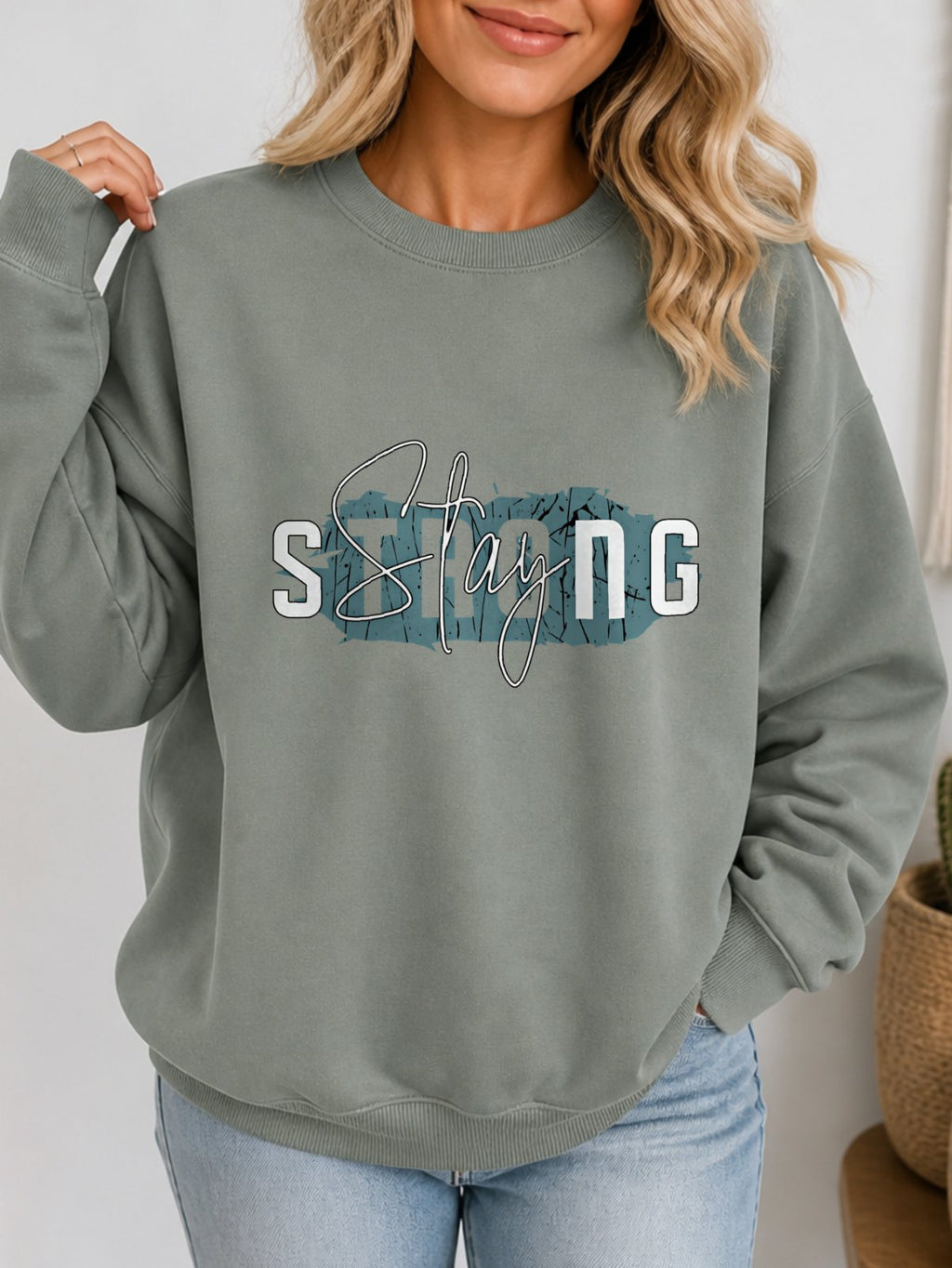 Stay Strong Vintage Boho Graphic Sweatshirt - Hanes_Stonewashed_Green Model