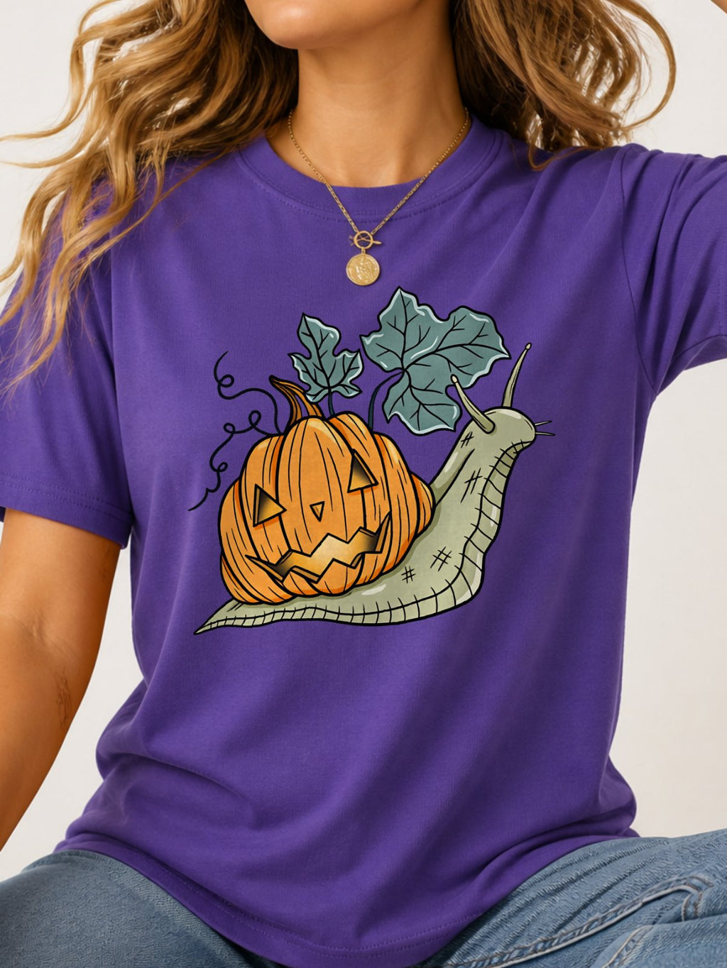 Snail Jack O Lantern Pumpkin Graphic T-Shirt - Lilac Model