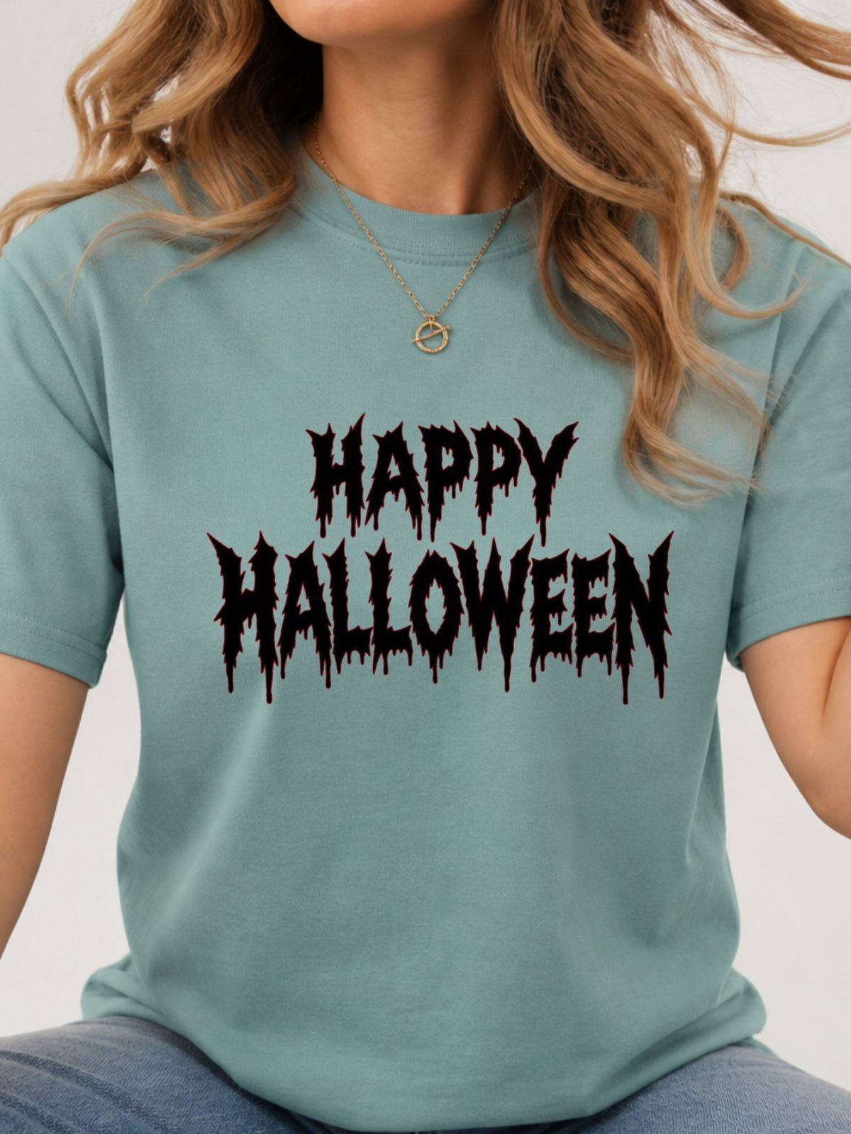 Happy Halloween Metal Text Graphic T-Shirt - Aquatic Model
