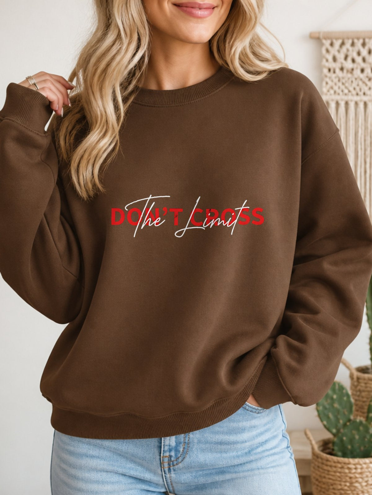 Don't Cross The Limit Vintage Boho Graphic Sweatshirt - Hanes_Army_Brown Model