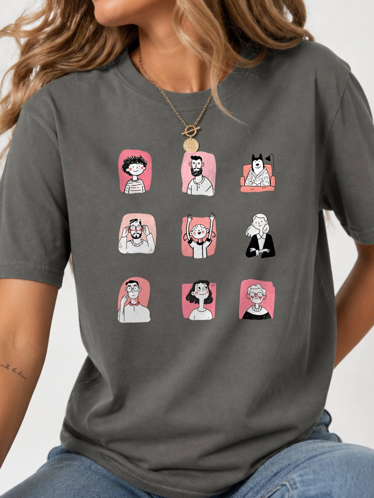 Cute Cartoon People Characters T-Shirt - Charcoal Model