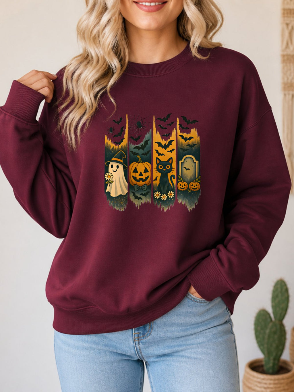 Retro Boho Daisy Spooky Season Sweatshirt - Hanes_Maroon Model