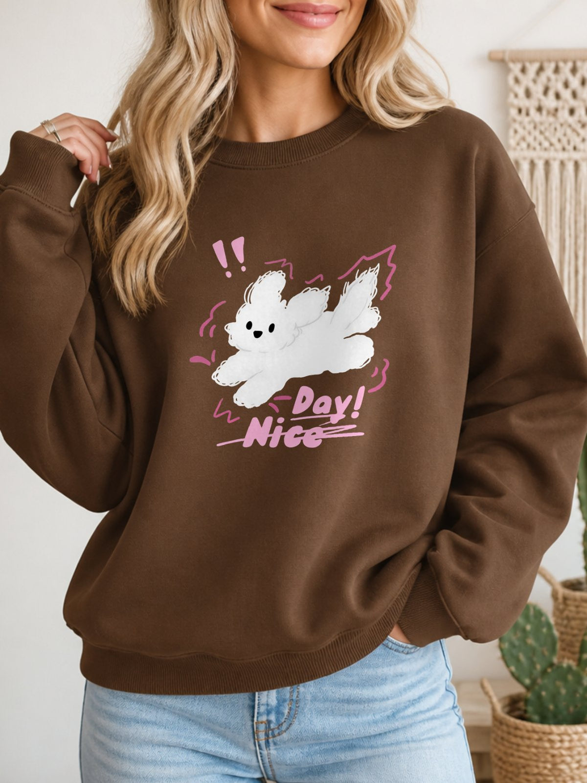 Nice Day Fluffy Puppy Vintage Boho Graphic Sweatshirt - Hanes_Army_Brown Model