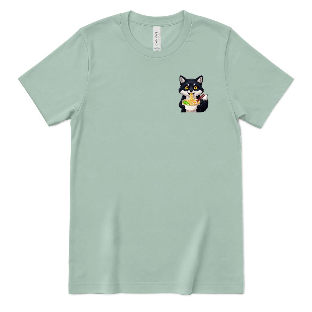 Cute Wolf Eating Ramen Pocket Print Tee, Kawaii Noodle Lover Shirt, Small Graphic T‑Shirt, Anime Food Tee, Casual Minimal Animal Top - Dusty Blue Front