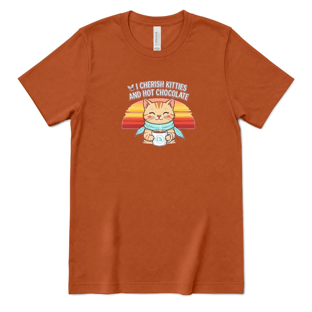 Retro Sunset Cat Tee, Cozy Fall Cat Lover T‑Shirt, Hot Chocolate Graphic Tee, Kitty Owner Gift Top - Autumn Front