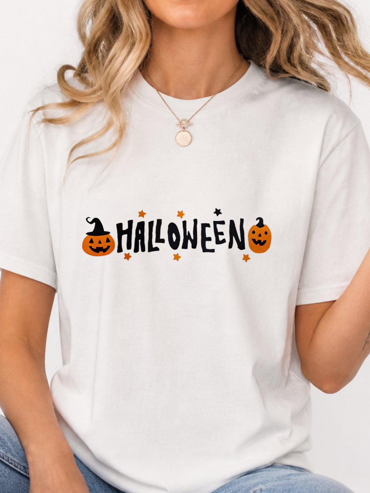 Cute Pumpkin Halloween Letter Graphic T-Shirt - White Model