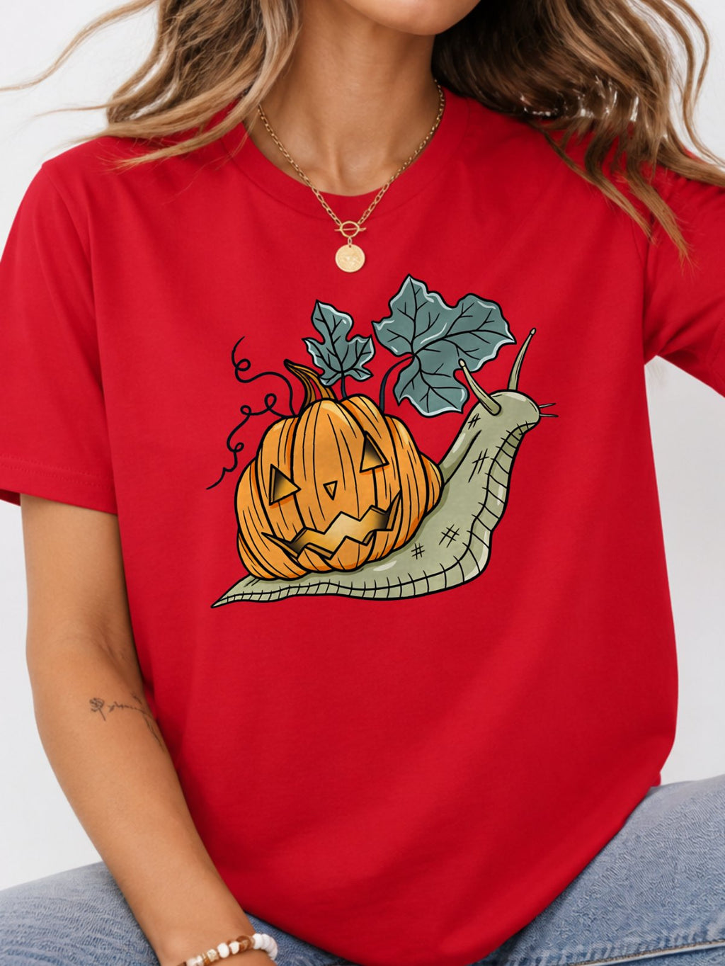 Snail Jack O Lantern Pumpkin Graphic T-Shirt - Red Model