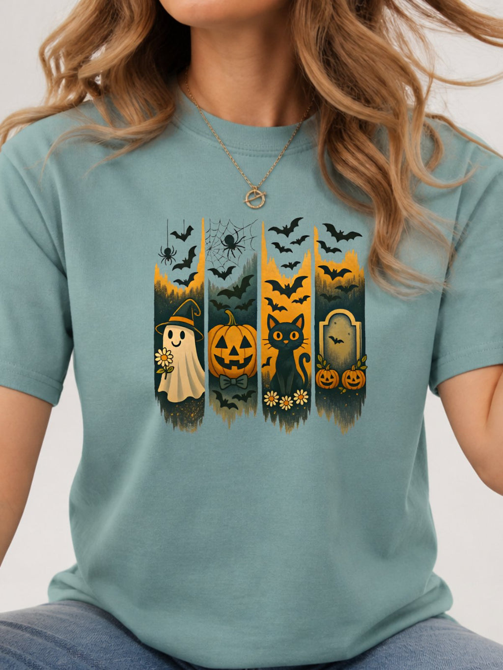 Halloween Ghost Black Cat Pumpkin Bat Graphic T-Shirt - Aquatic Model