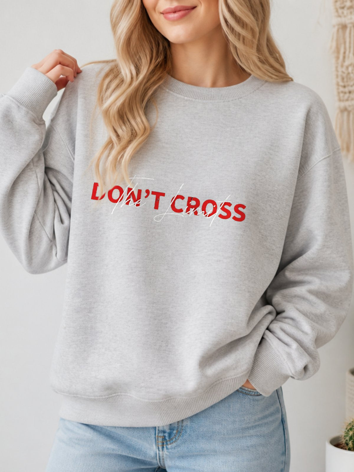 Don't Cross The Limit Vintage Boho Graphic Sweatshirt - Hanes_Ash Model