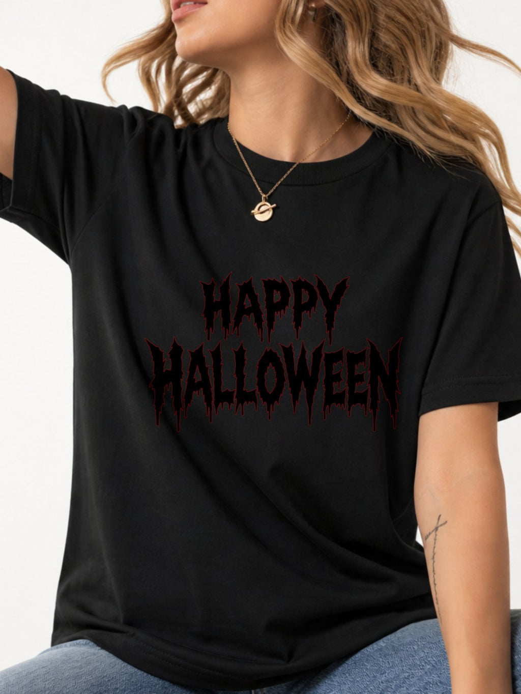Happy Halloween Metal Text Graphic T-Shirt - Black Model