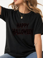 Happy Halloween Metal Text Graphic T-Shirt - Black Model