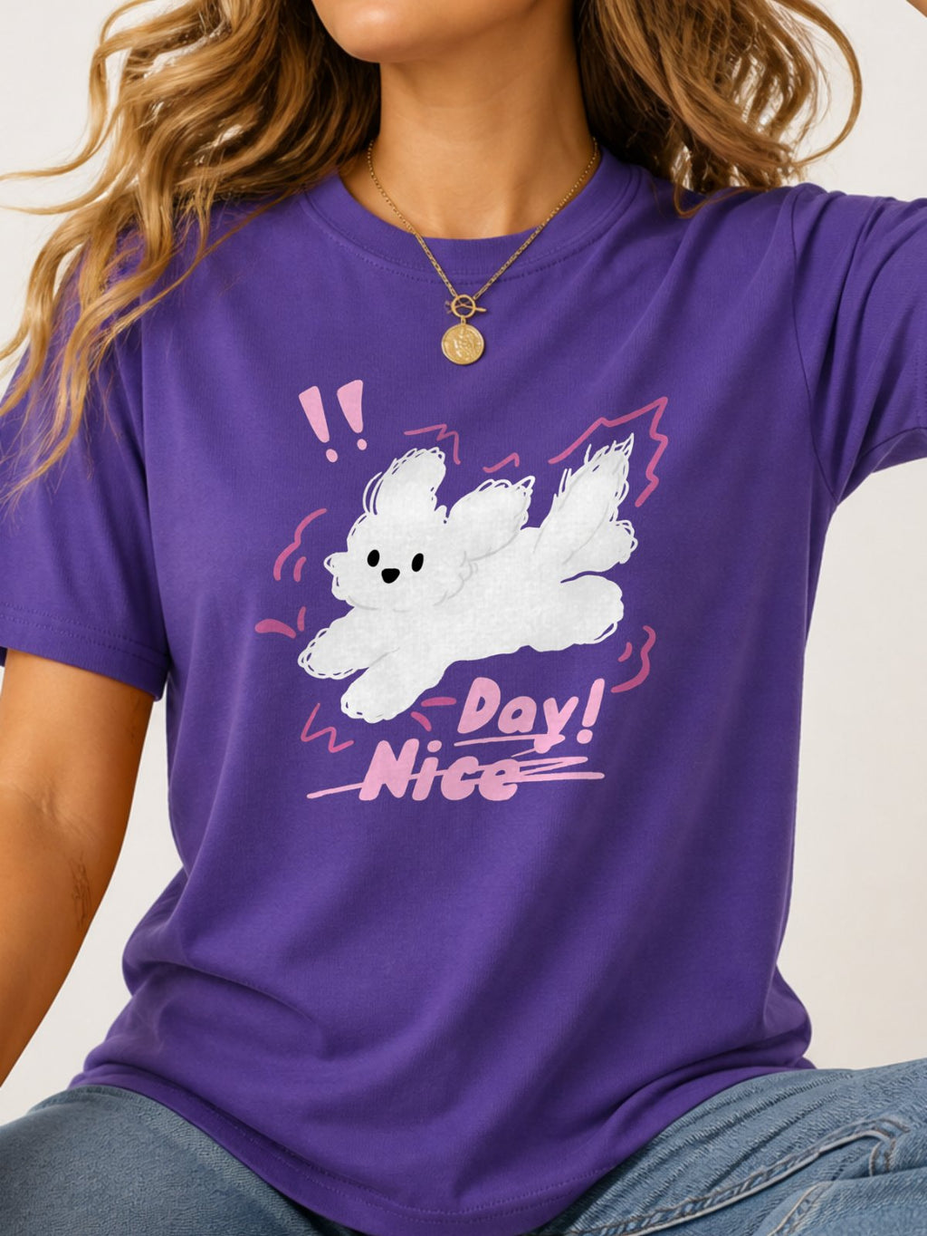 Nice Day Fluffy Dog Graphic T-Shirt - Lilac Model