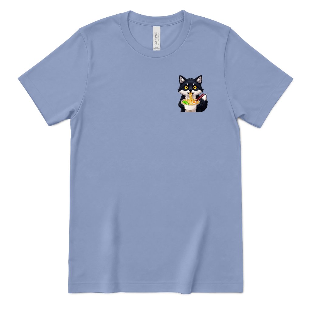 Cute Wolf Eating Ramen Pocket Print Tee, Kawaii Noodle Lover Shirt, Small Graphic T‑Shirt, Anime Food Tee, Casual Minimal Animal Top - Lavender Blue Front