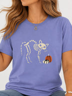 Cat Skeleton Pumpkin Halloween Graphic T-Shirt - Violet Model