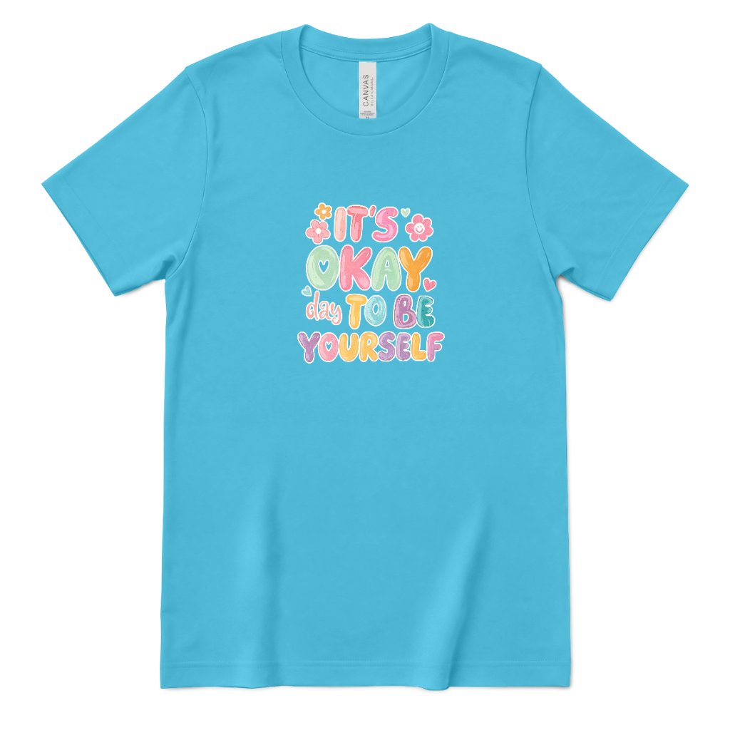 Retro Bubble Letter Positive Tee, Self Acceptance Graphic T‑Shirt, Mental Health Awareness, Be Kind To Yourself Top - Turquoise Front
