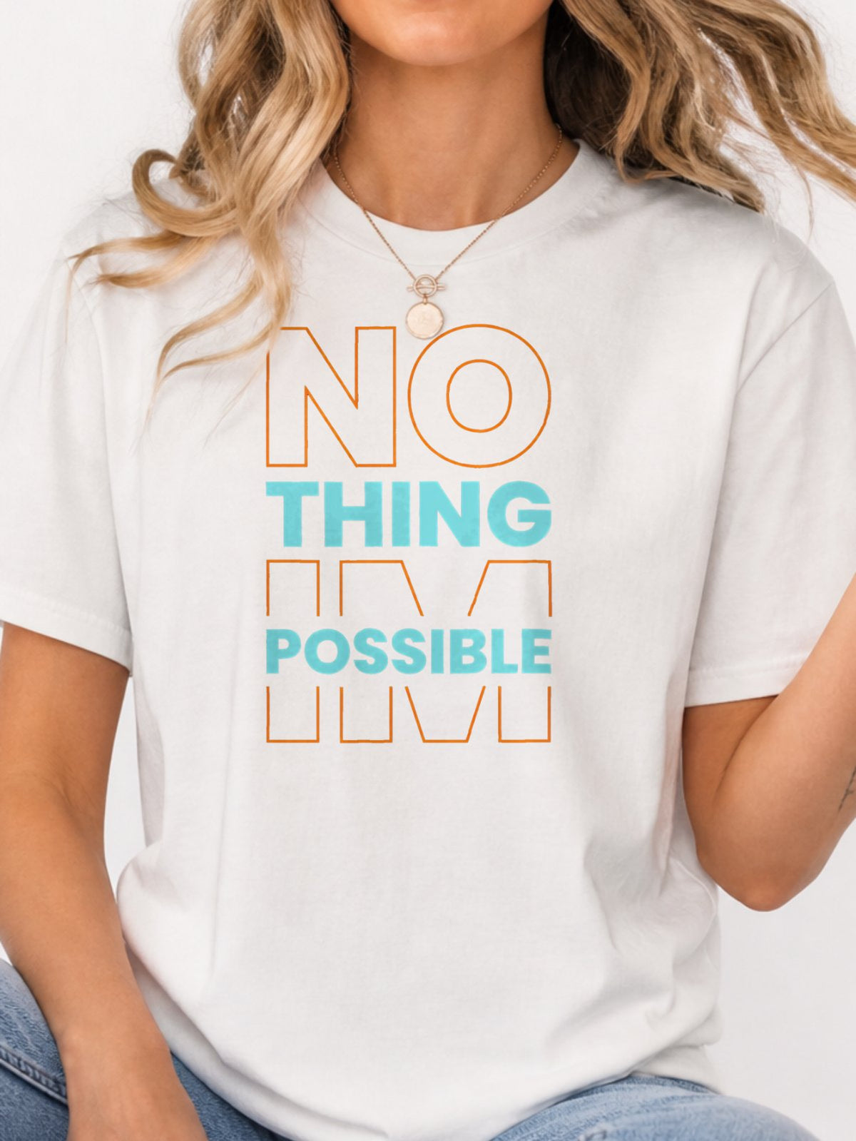 Nothing Is Possible Color Block Graphic T-Shirt - White Model