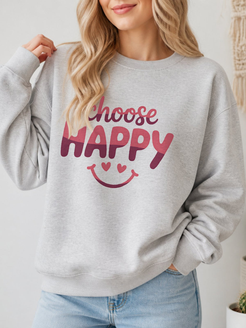 Choose Happy Vintage Boho Graphic Sweatshirt - Hanes_Ash Model