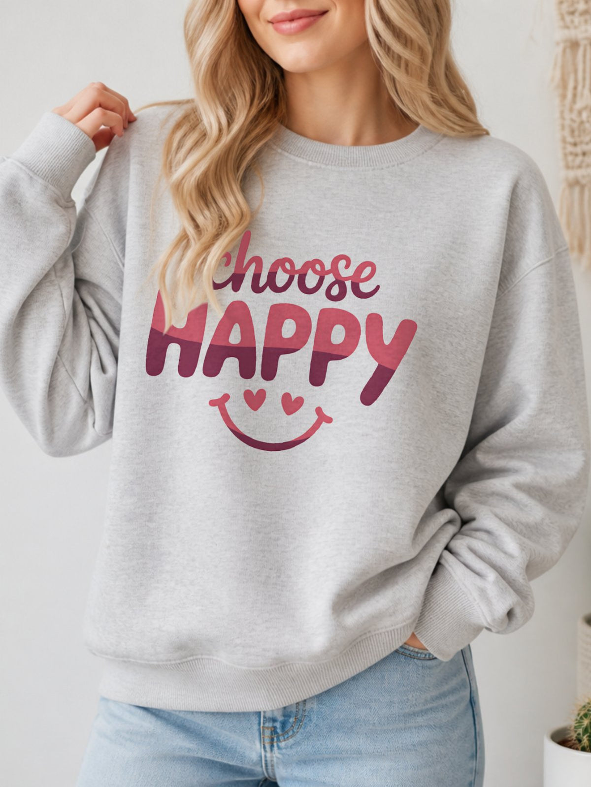 Choose Happy Vintage Boho Graphic Sweatshirt - Hanes_Ash Model
