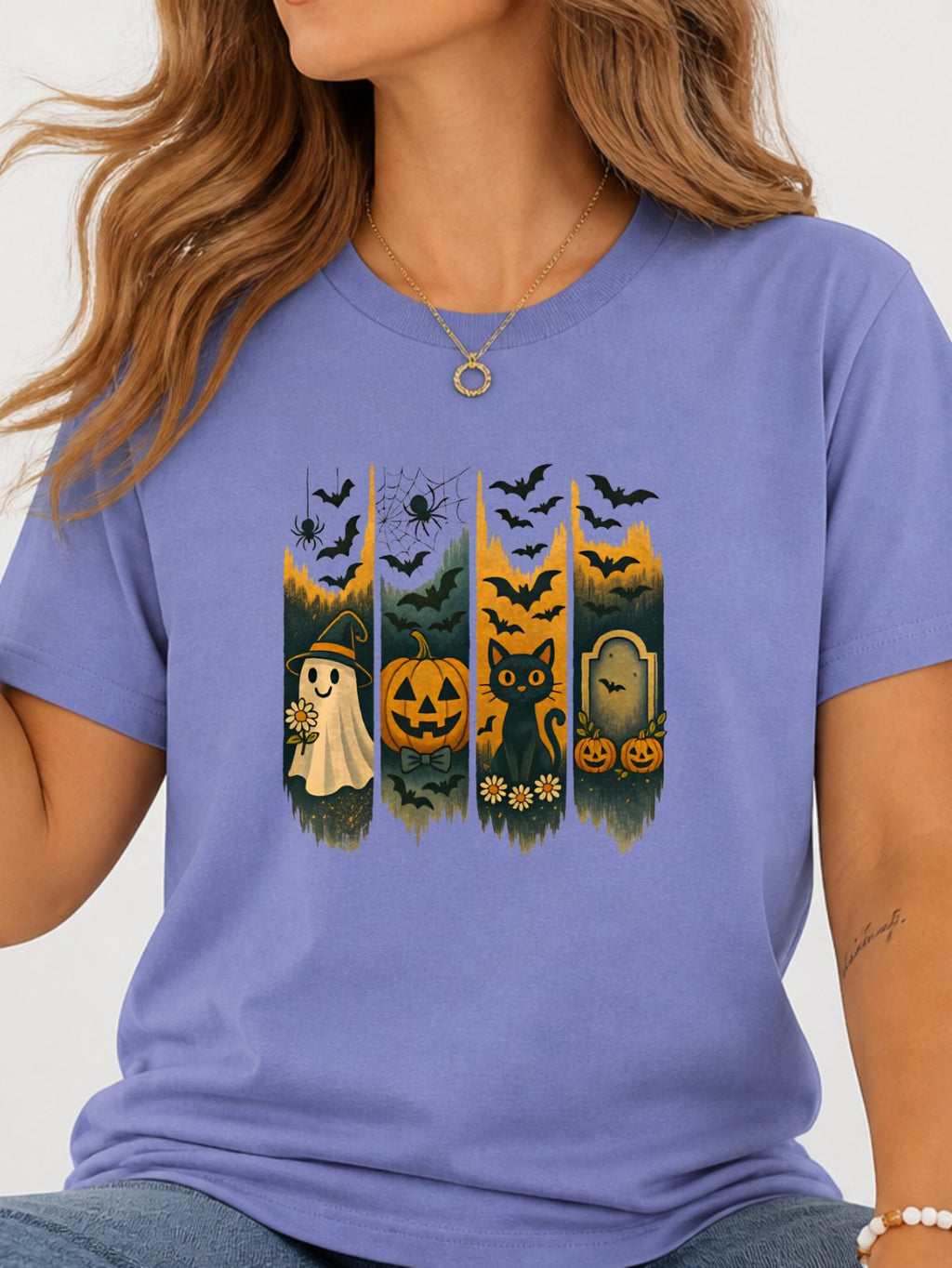 Halloween Ghost Black Cat Pumpkin Bat Graphic T-Shirt - Violet Model