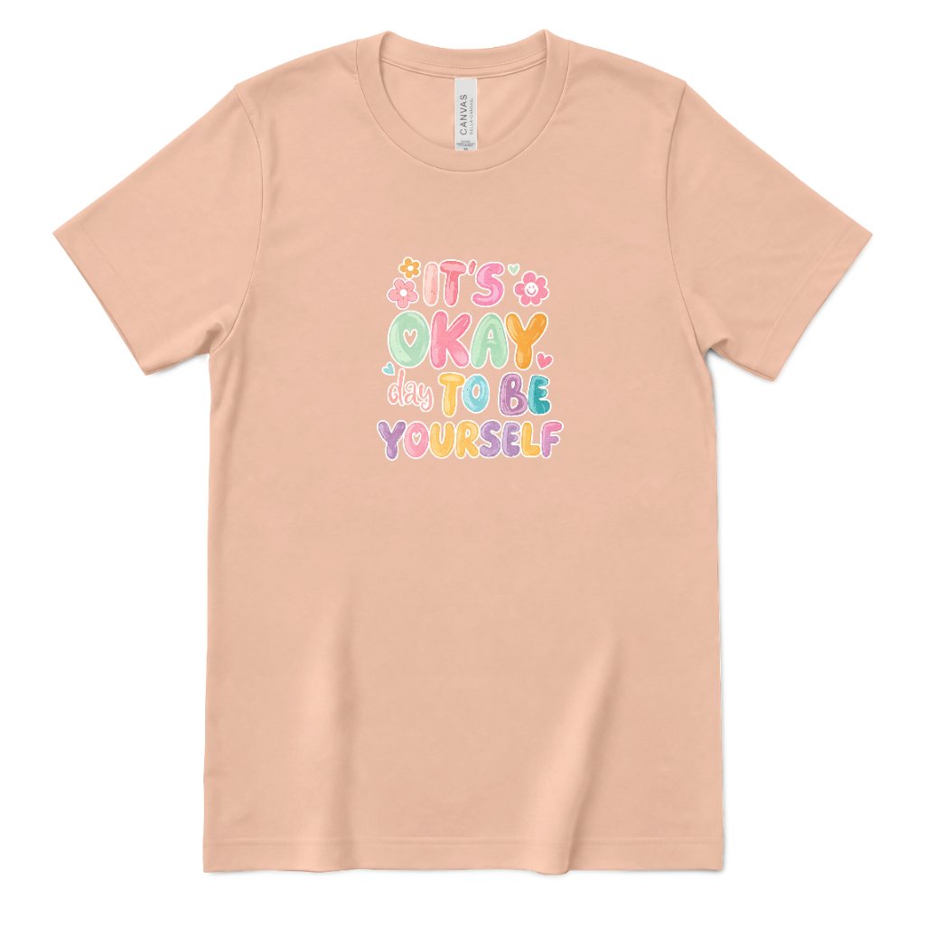 Retro Bubble Letter Positive Tee, Self Acceptance Graphic T‑Shirt, Mental Health Awareness, Be Kind To Yourself Top - Peach Front