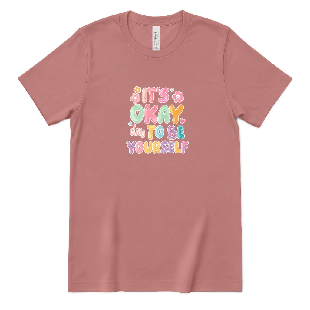 Retro Bubble Letter Positive Tee, Self Acceptance Graphic T‑Shirt, Mental Health Awareness, Be Kind To Yourself Top - Mauve Front