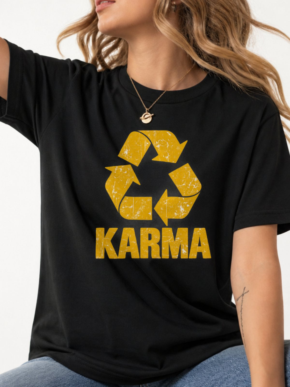 Karma Recycle Symbol Distressed Graphic T-Shirt - Black Model