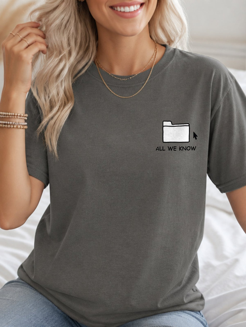 All We Know Folder Doodle Graphic T-Shirt - Charcoal Model