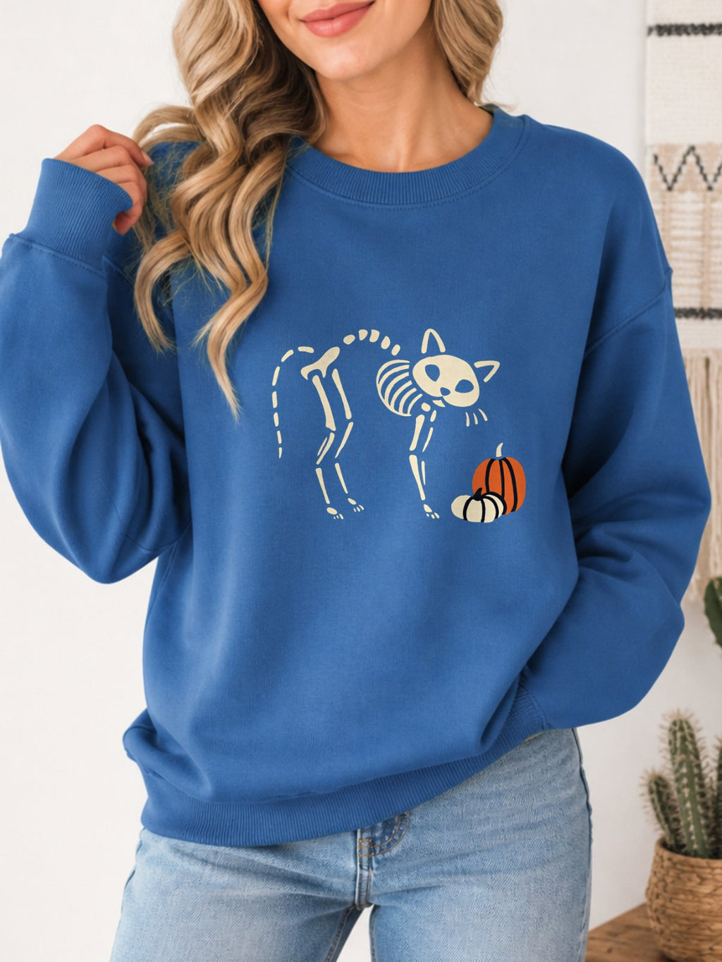 Skeleton Cat Pumpkin Vintage Halloween Sweatshirt - Hanes_Denim_Blue Model